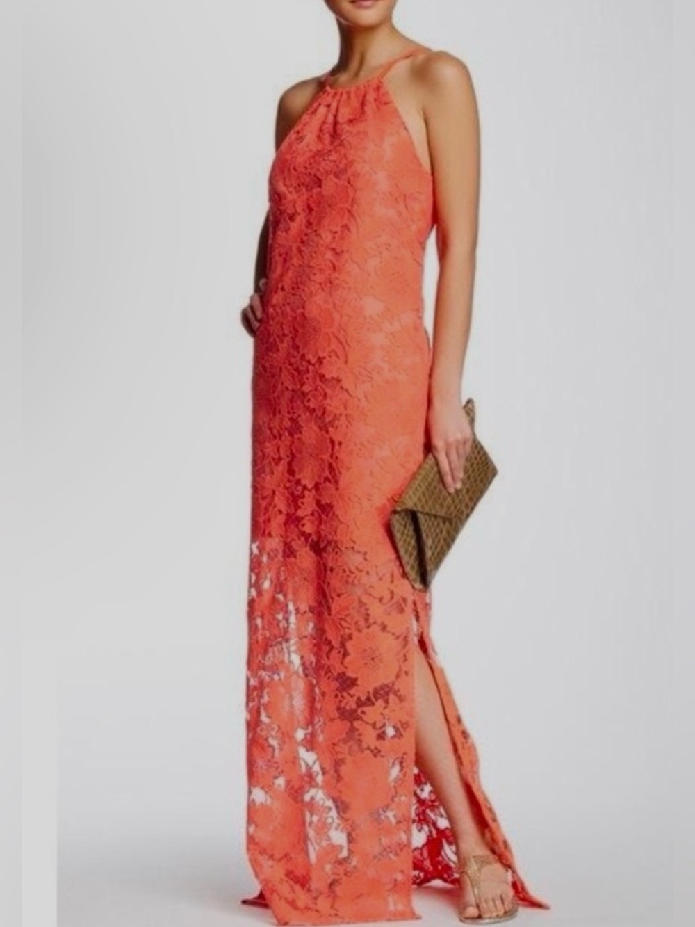 Trina Turk Coral Milan Embroidered Floral Lace Penny Halter Maxi Dress - Size 2